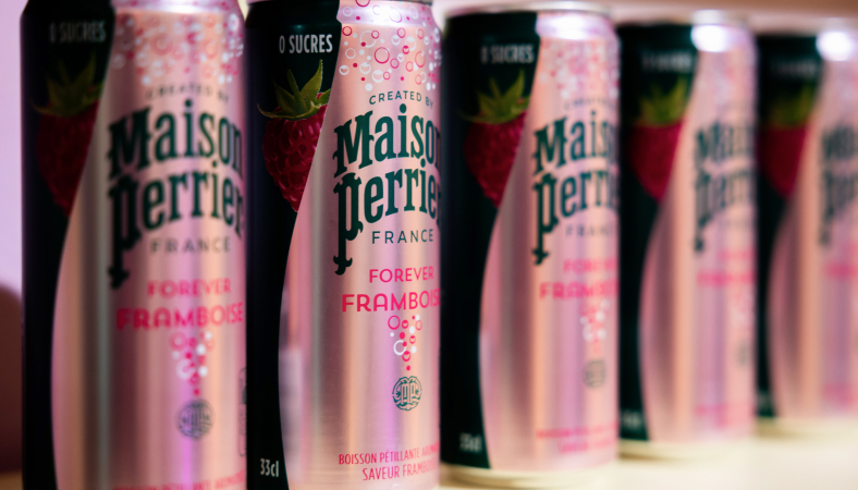 Maison Perrier raspberry sparkling water cans